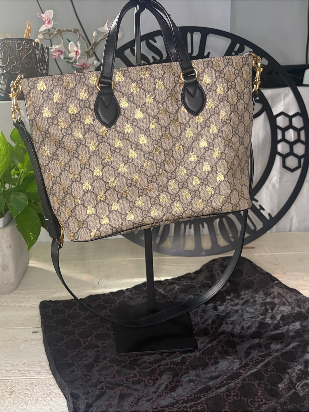 Gucci Beige GG Bee Monogram Shoulder Tote with Black Trim